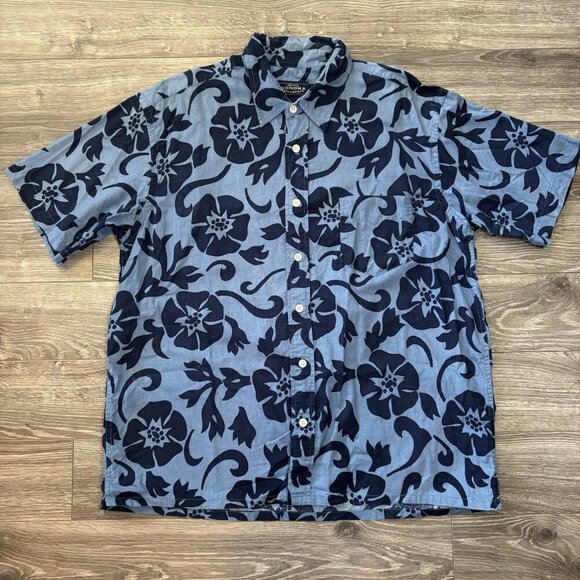 Sonoma Mens L Hawaiian Button Down Shirt Blue Aloha Tropical Camp Beach Flowers - Picture 1 of 14